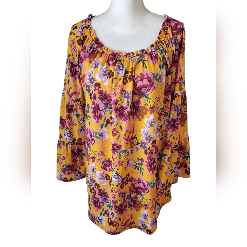Dear Scarlett Nashville Mustard Pink Floral Top Long Sleeve Smocked Neck Size L